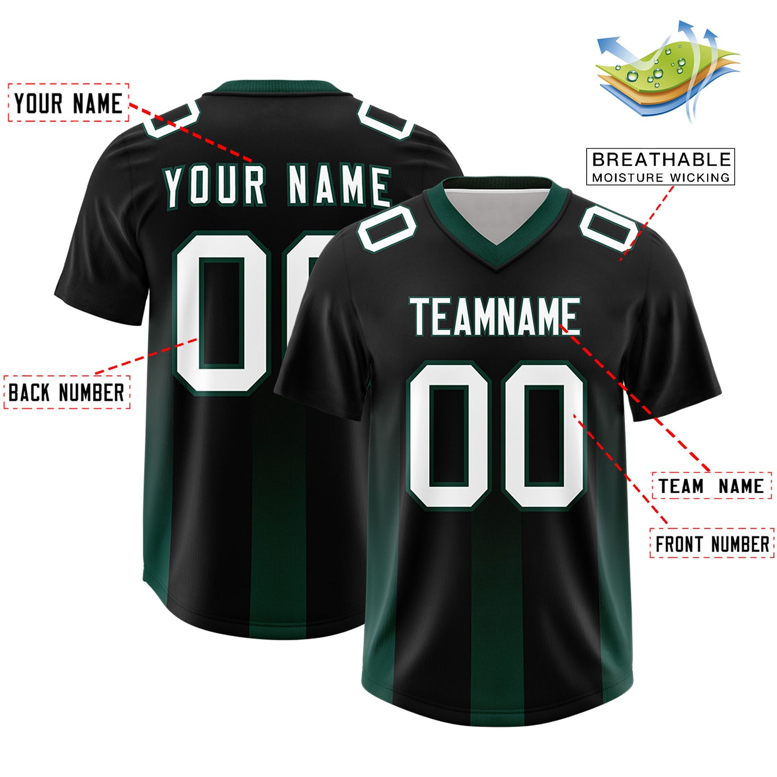 Custom Black Midnight Green Vertical Width Stripe Gradient Fashion Personalized Team Football Jersey