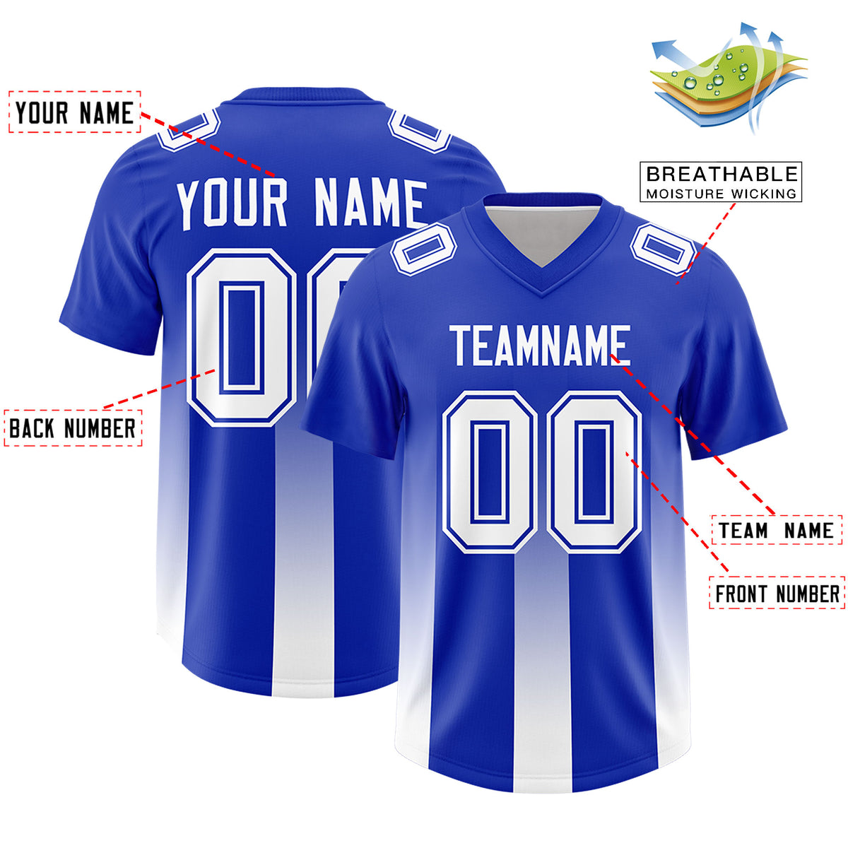Custom Royal White Vertical Width Stripe Gradient Fashion Personalized Team Football Jersey