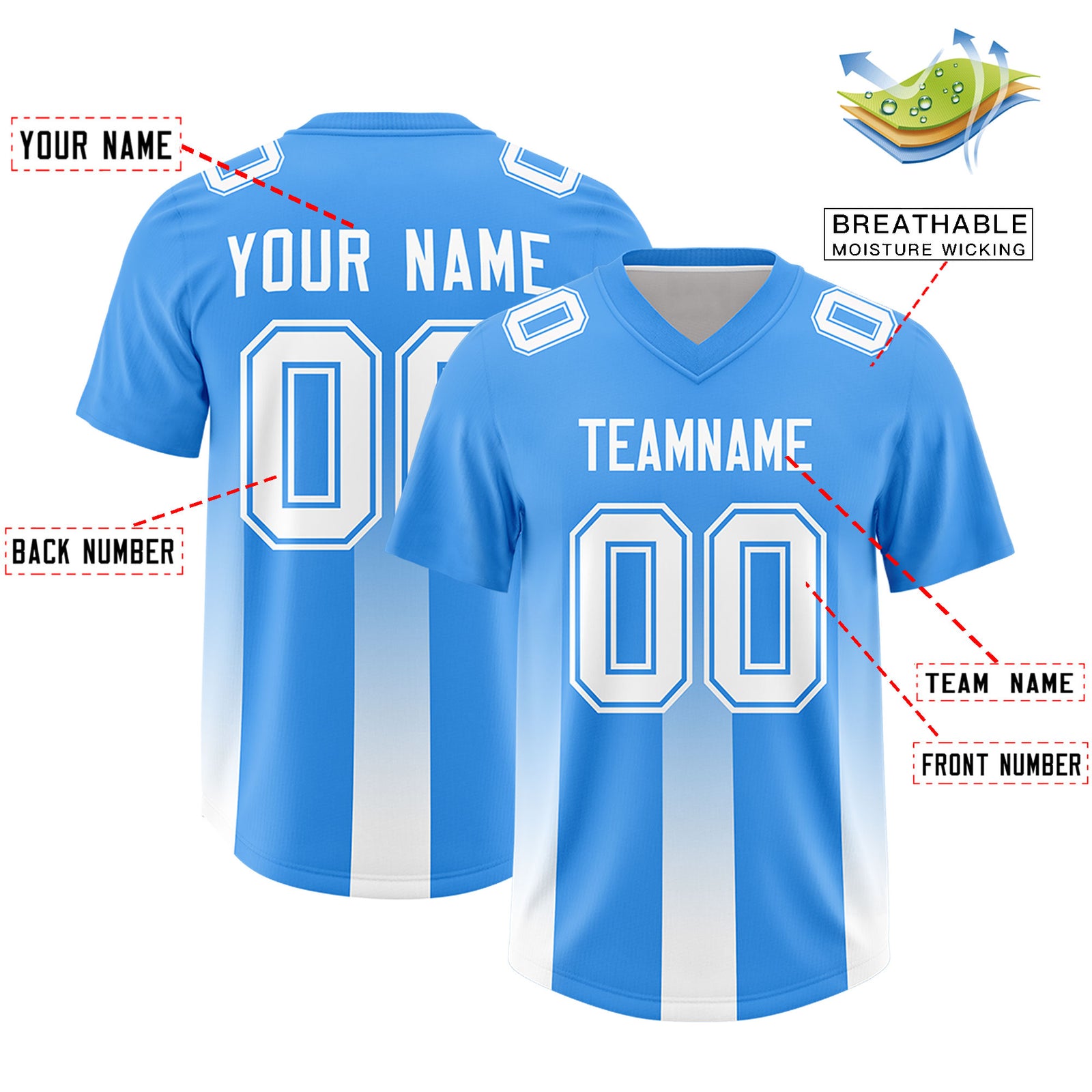 Custom Light Blue White Vertical Width Stripe Gradient Fashion Personalized Team Football Jersey
