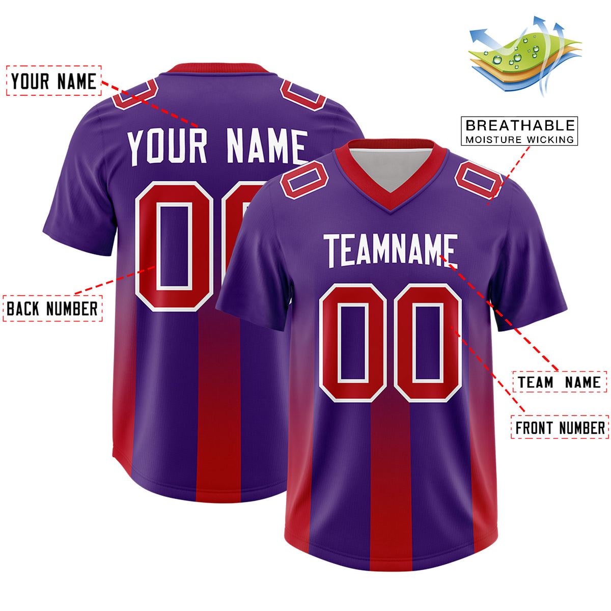Custom Purple Red Vertical Width Stripe Gradient Fashion Personalized Team Football Jersey