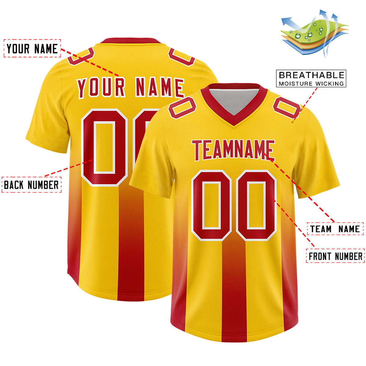Custom Yellow Red Vertical Width Stripe Gradient Fashion Personalized Team Football Jersey
