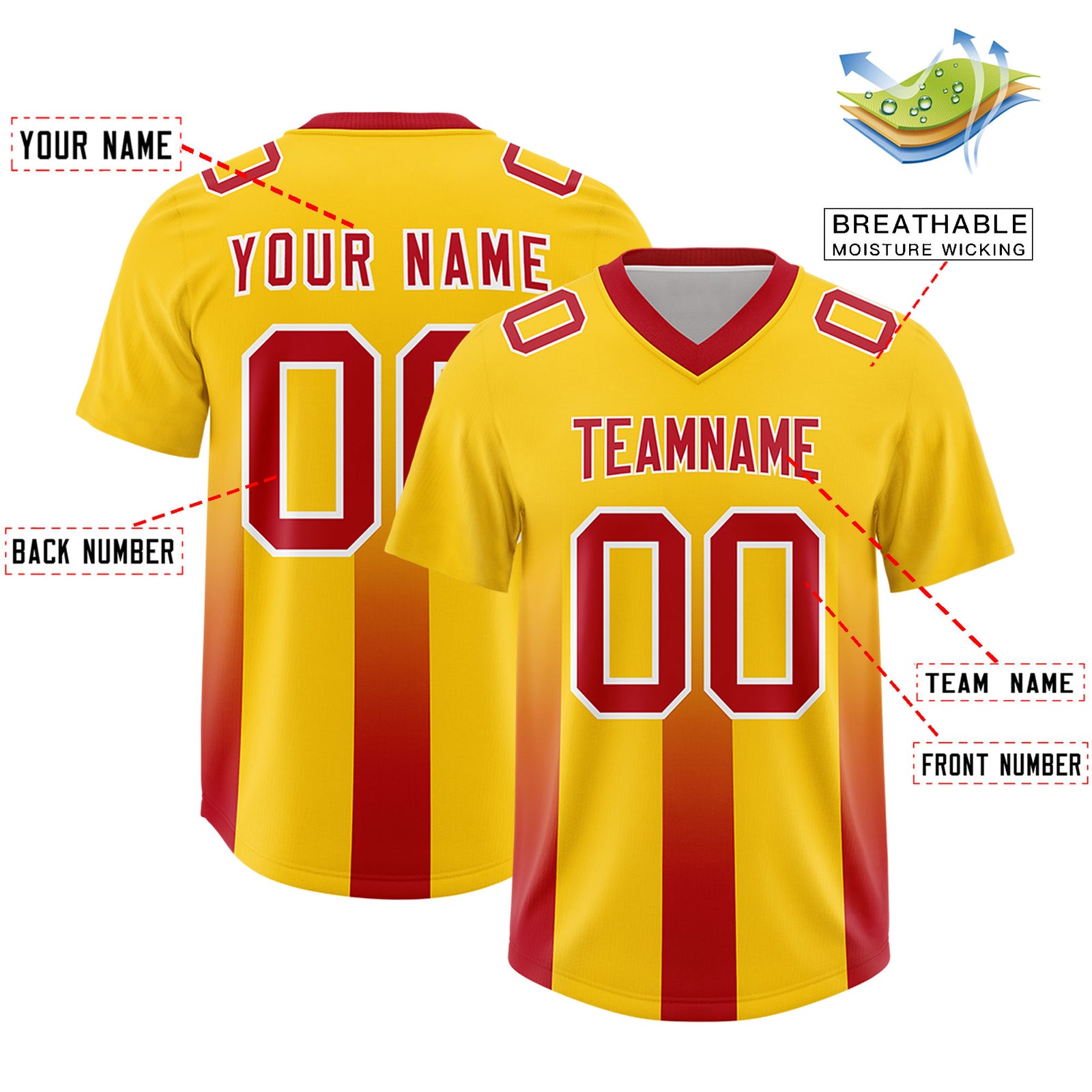 Custom Yellow Red Vertical Width Stripe Gradient Fashion Personalized Team Football Jersey