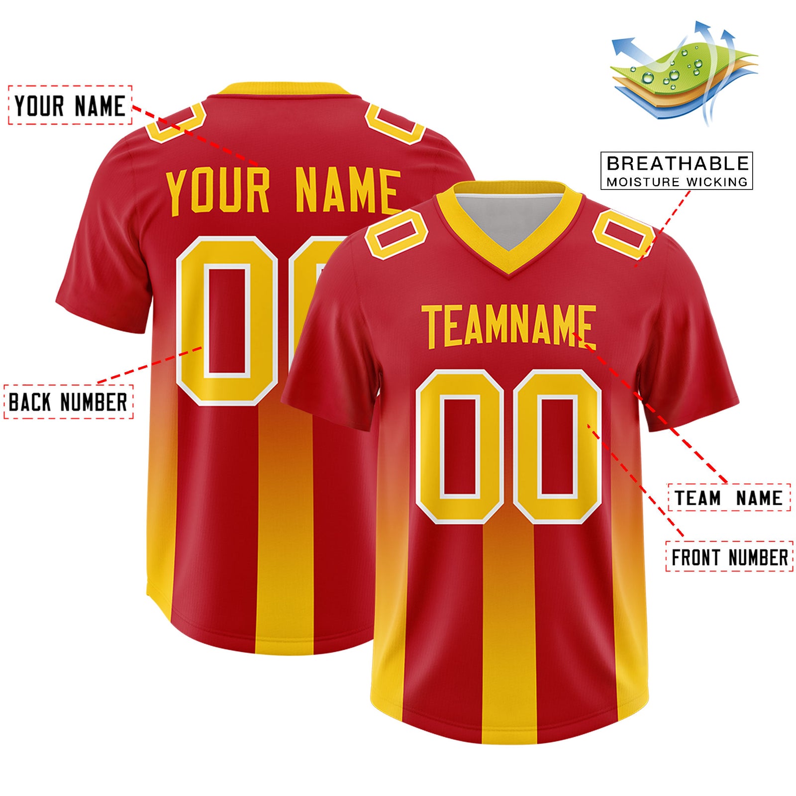Custom Red Yellow Vertical Width Stripe Gradient Fashion Personalized Team Football Jersey