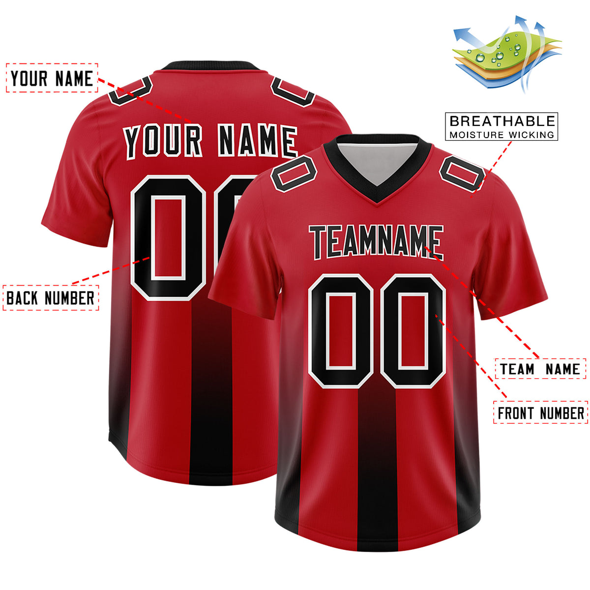 Custom Red Black Vertical Width Stripe Gradient Fashion Personalized Team Football Jersey