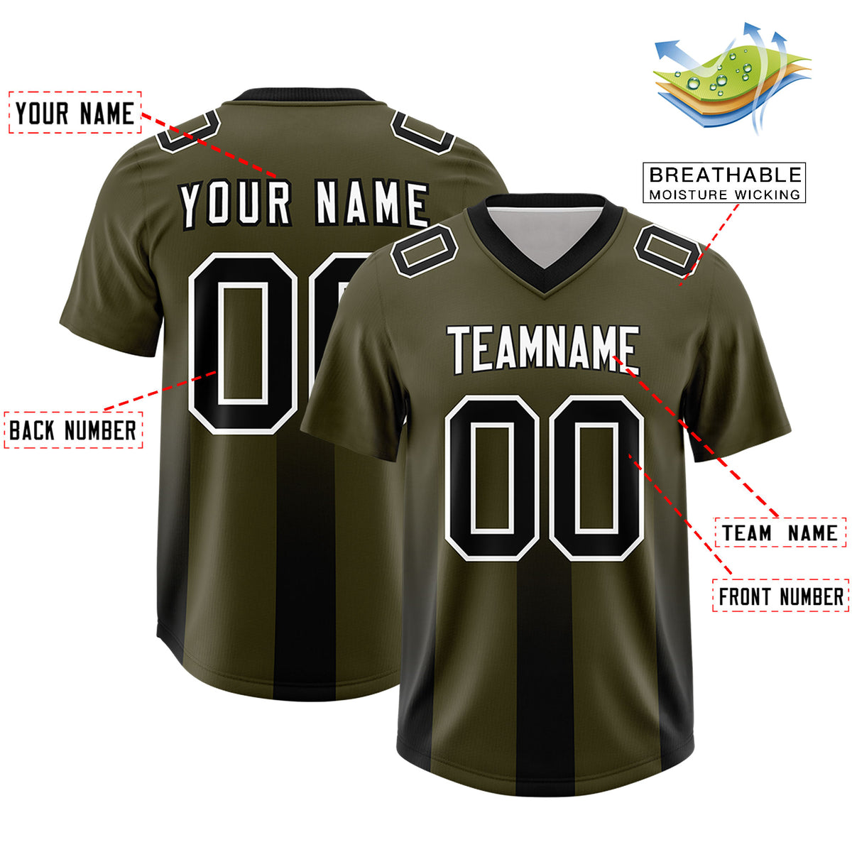 Custom Olive Black Vertical Width Stripe Gradient Fashion Personalized Team Football Jersey