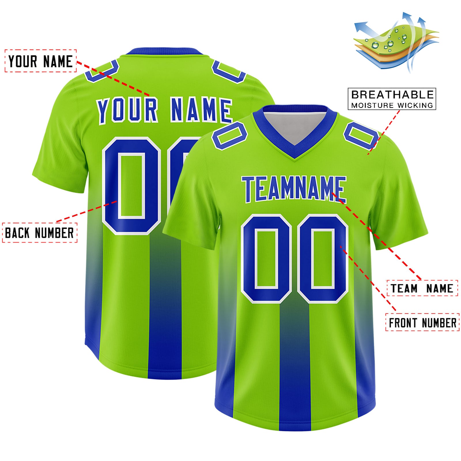 Custom Neon Green Royal Vertical Width Stripe Gradient Fashion Personalized Team Football Jersey