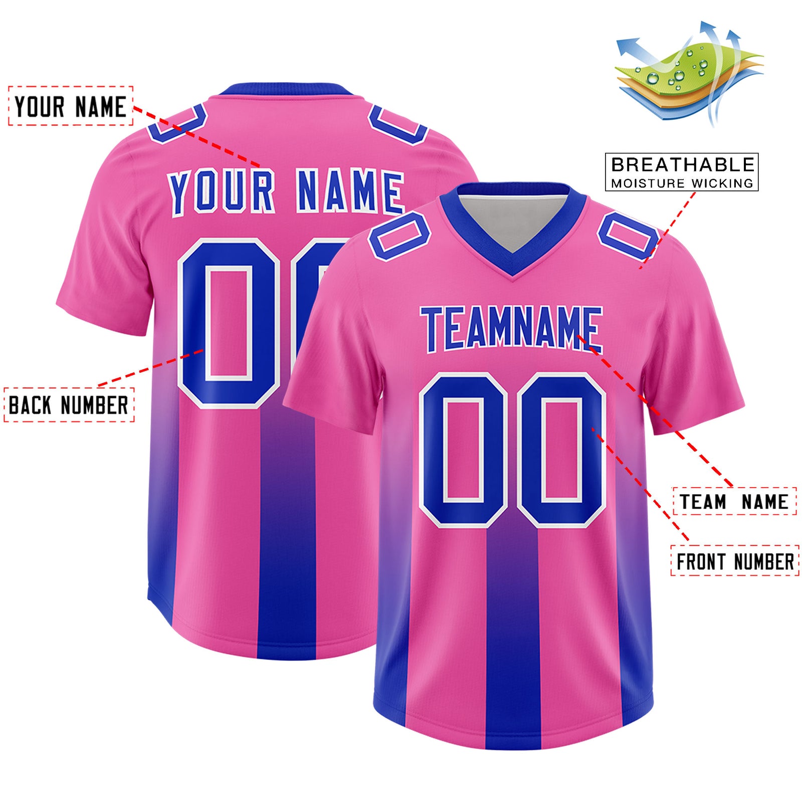 Custom Pink Royal Vertical Width Stripe Gradient Fashion Personalized Team Football Jersey