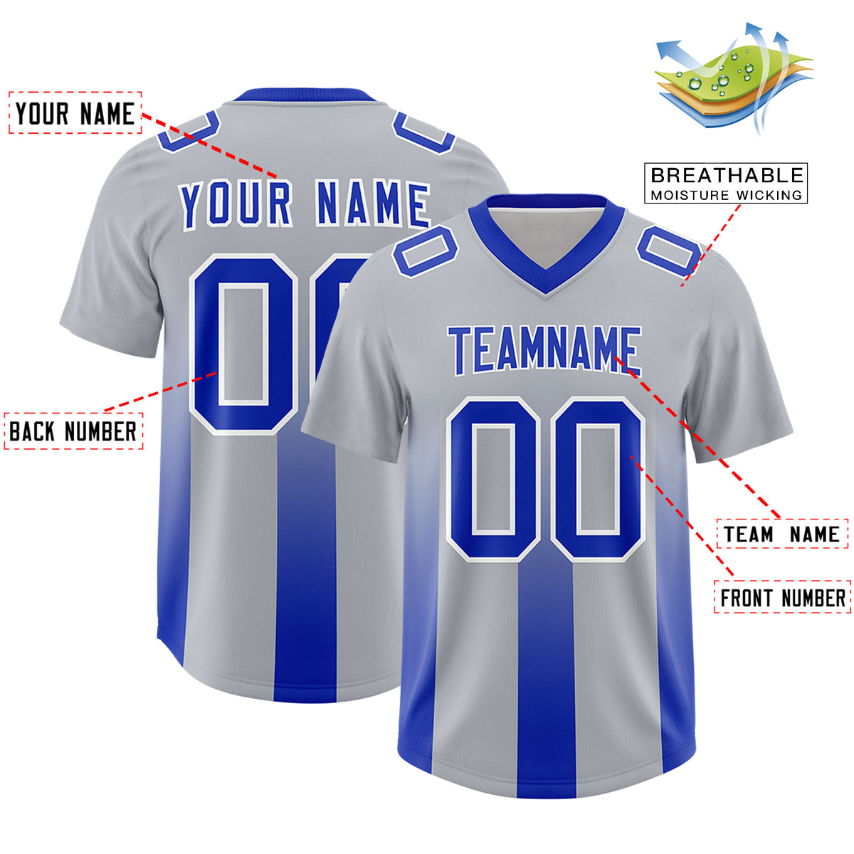 Custom Gray Royal Vertical Width Stripe Gradient Fashion Personalized Team Football Jersey