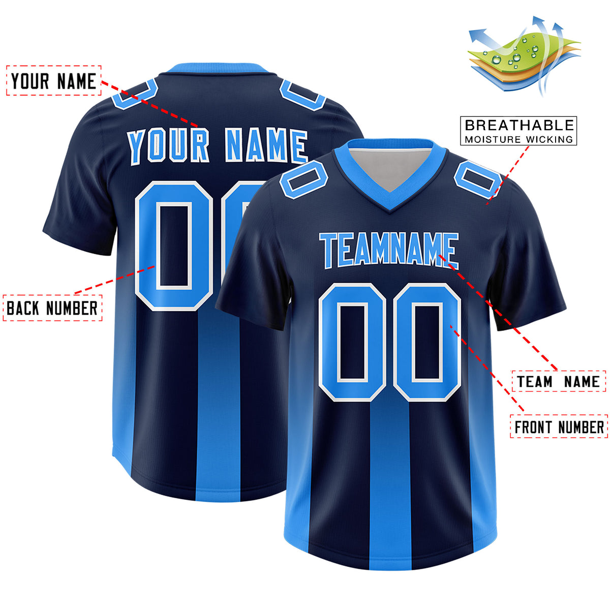 Custom Navy Light Blue Vertical Width Stripe Gradient Fashion Personalized Team Football Jersey