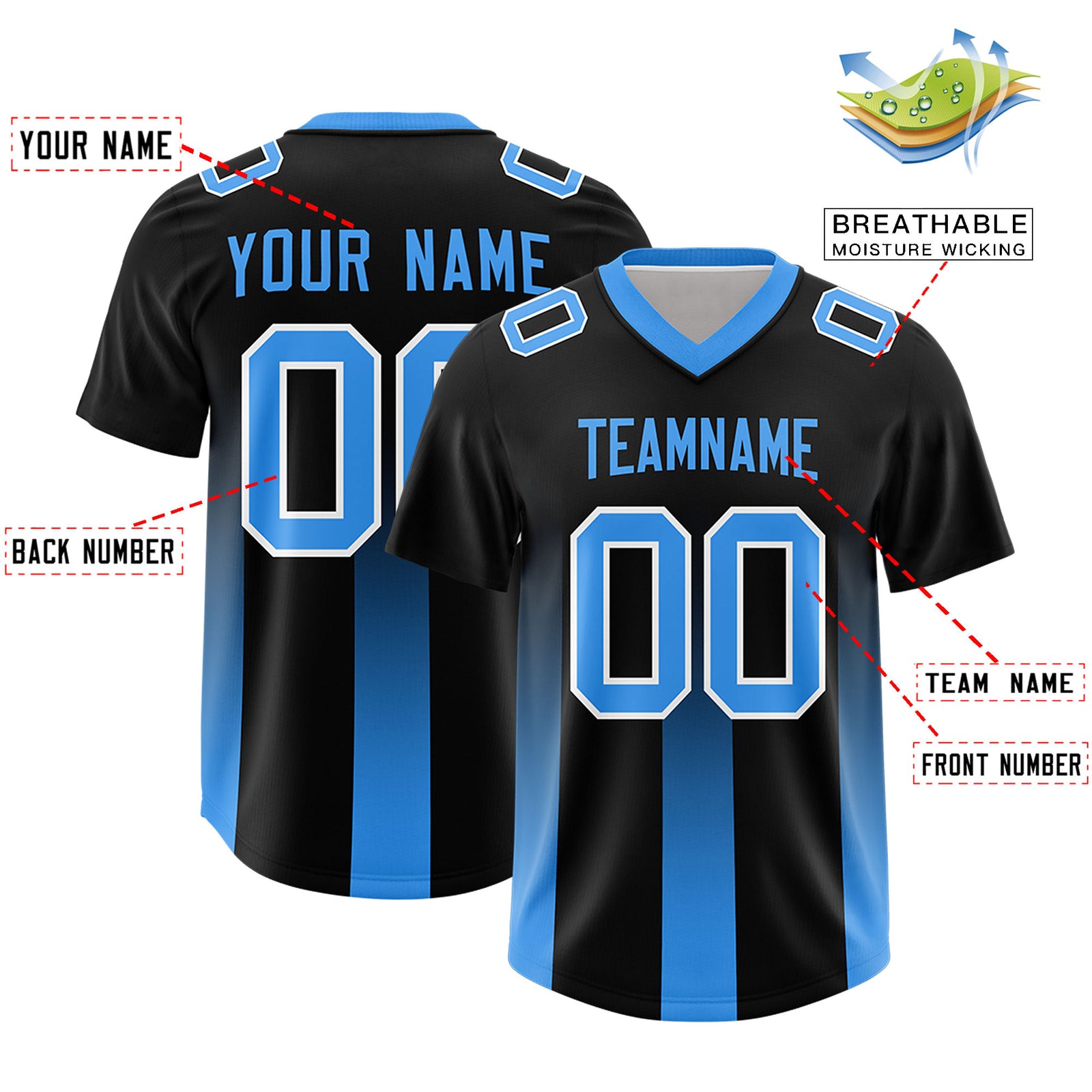 Custom Black Light Blue Vertical Width Stripe Gradient Fashion Personalized Team Football Jersey