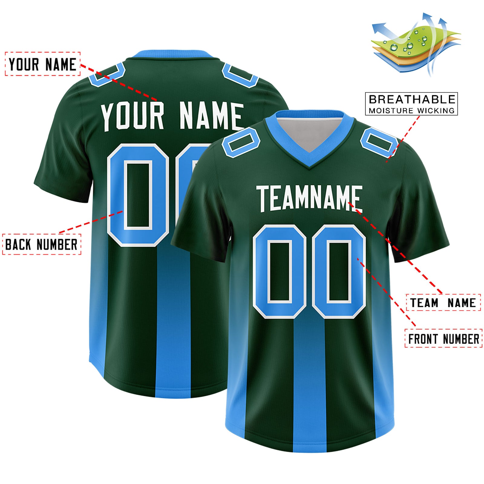 Custom Green Light Blue Vertical Width Stripe Gradient Fashion Personalized Team Football Jersey