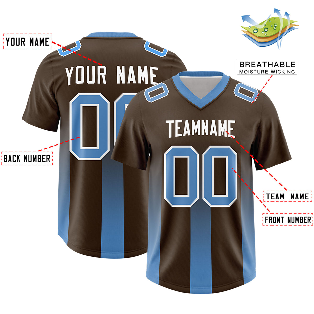 Custom Brown Powder Blue Vertical Width Stripe Gradient Fashion Personalized Team Football Jersey