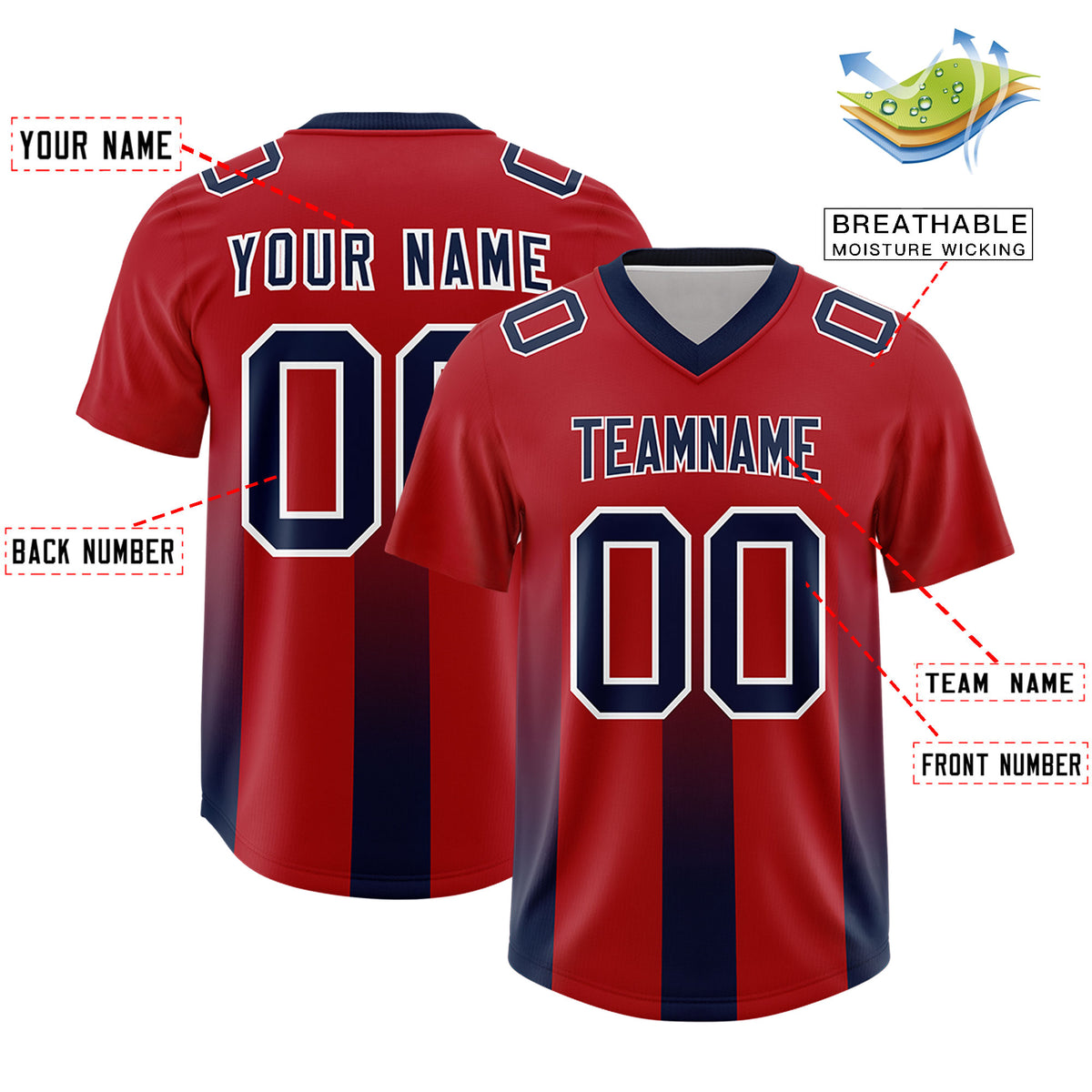 Custom Red Navy Vertical Width Stripe Gradient Fashion Personalized Team Football Jersey