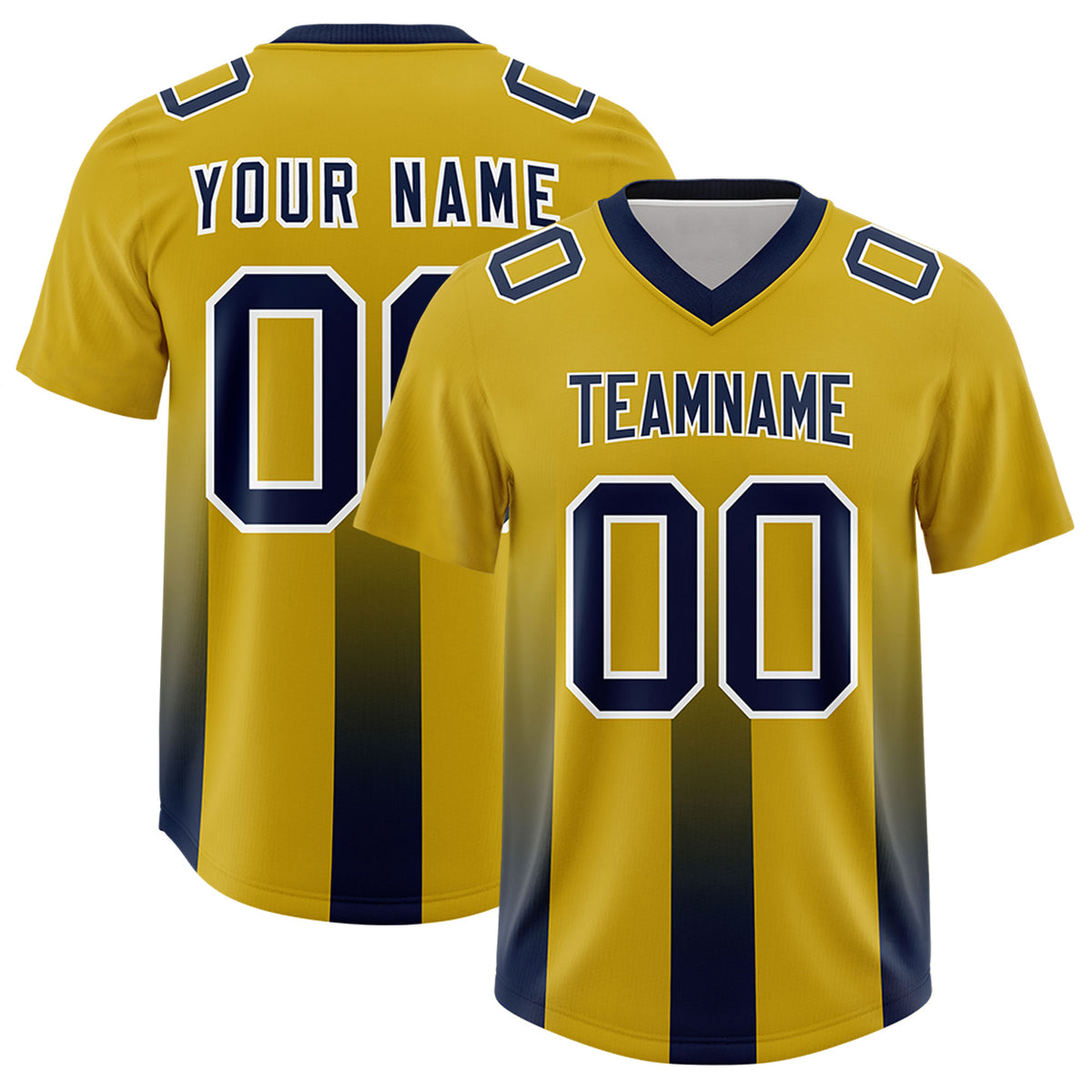 Custom Old Gold Navy Vertical Width Stripe Gradient Fashion Personalized Team Football Jersey