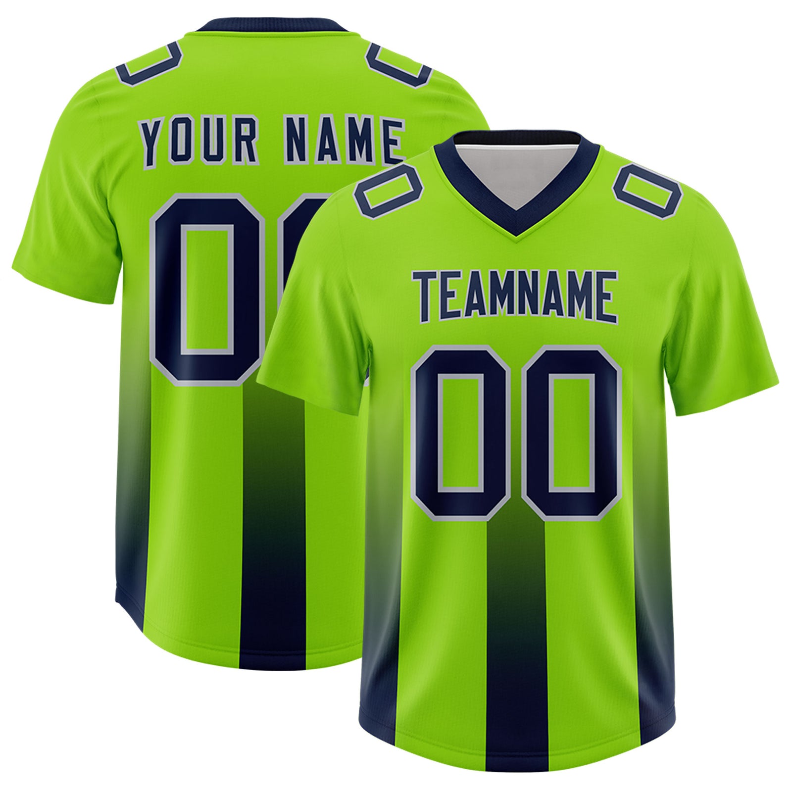 Custom Neon Green Navy Vertical Width Stripe Gradient Fashion Personalized Team Football Jersey