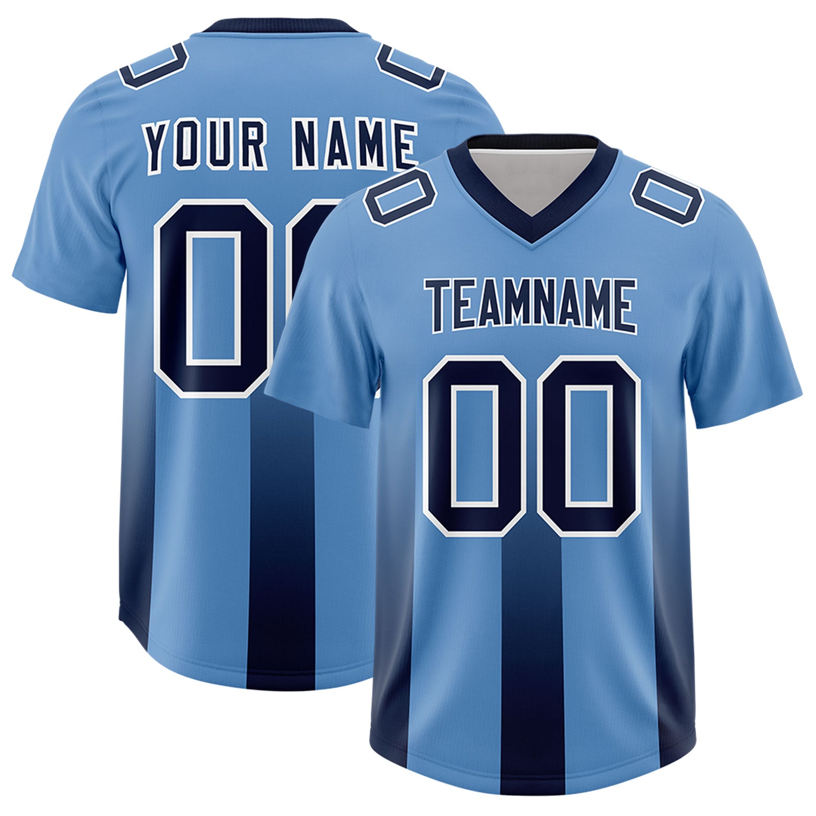 Custom Powder Blue Navy Vertical Width Stripe Gradient Fashion Personalized Team Football Jersey