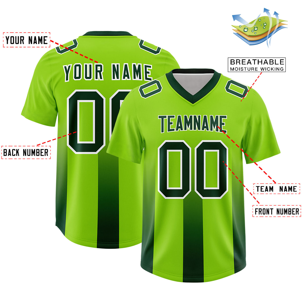 Custom Neon Green Green Vertical Width Stripe Gradient Fashion Personalized Team Football Jersey