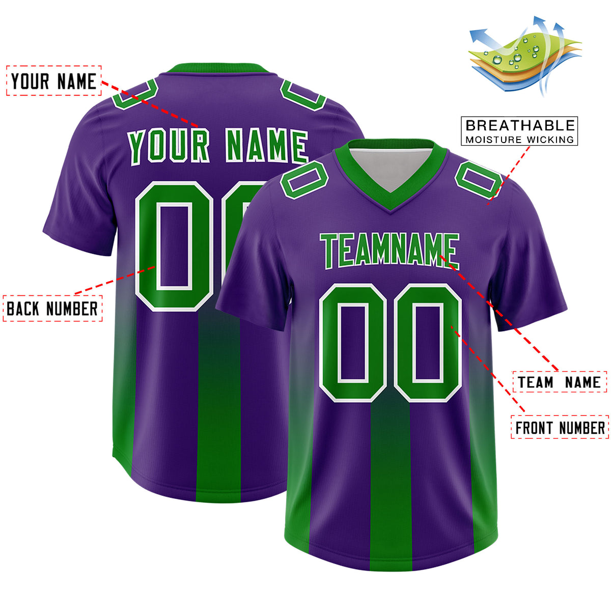 Custom Purple Kelly Green Vertical Width Stripe Gradient Fashion Personalized Team Football Jersey