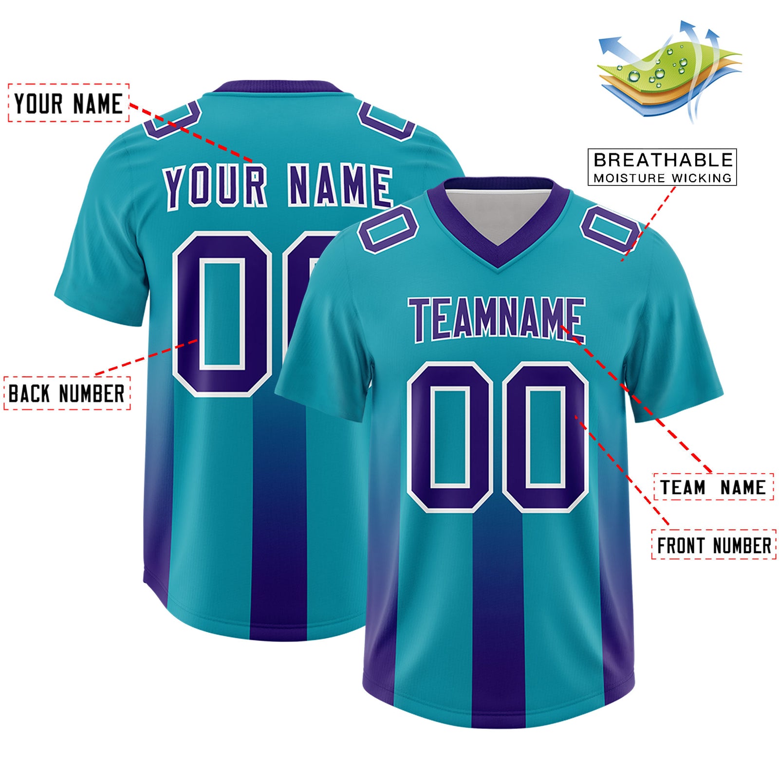 Custom Aqua Purple Vertical Width Stripe Gradient Fashion Personalized Team Football Jersey