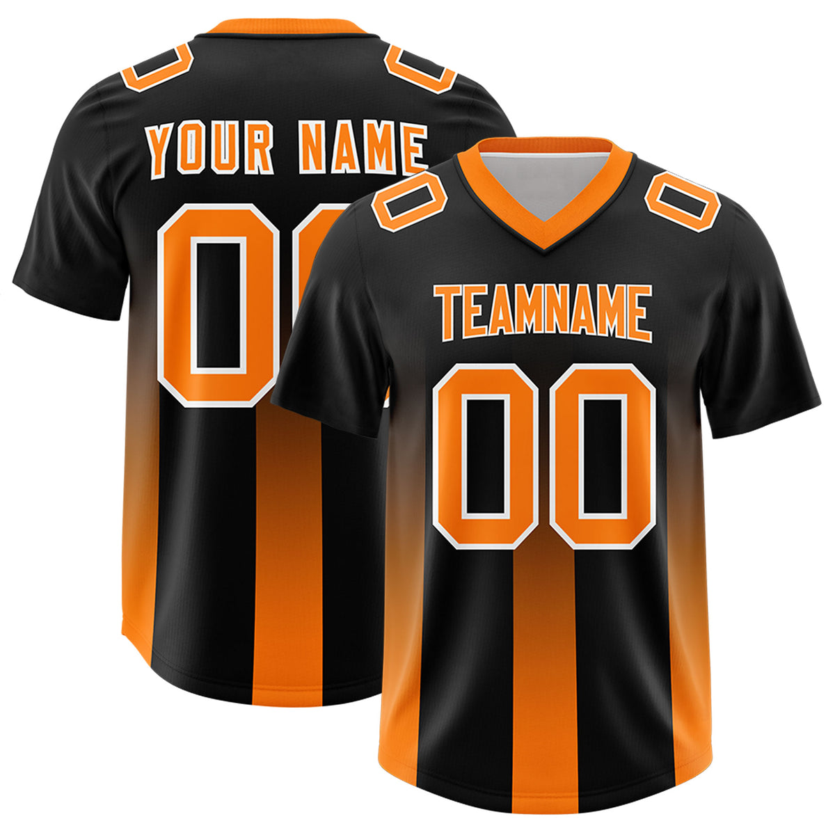 Custom Black Orange Vertical Width Stripe Gradient Fashion Personalized Team Football Jersey
