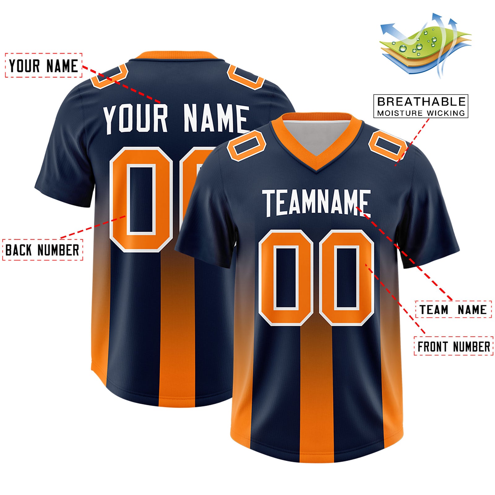 Custom Navy Orange Vertical Width Stripe Gradient Fashion Personalized Team Football Jersey