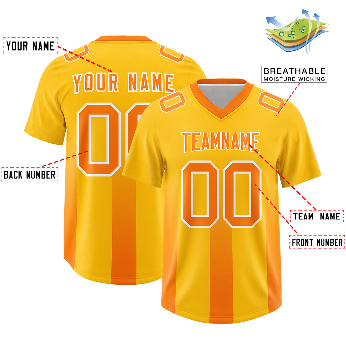 Custom Yellow Orange Vertical Width Stripe Gradient Fashion Personalized Team Football Jersey