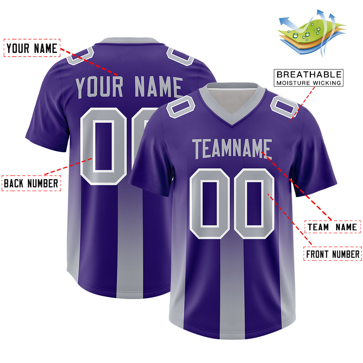 Custom Purple Gray Vertical Width Stripe Gradient Fashion Personalized Team Football Jersey