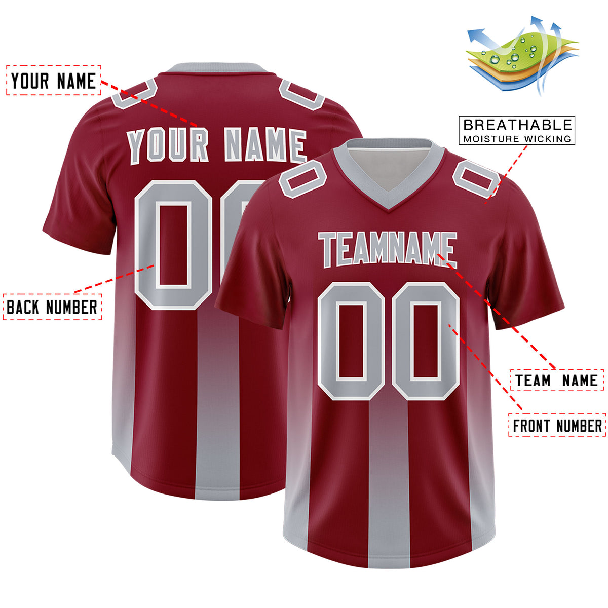 Custom Cardinal Gray Vertical Width Stripe Gradient Fashion Personalized Team Football Jersey