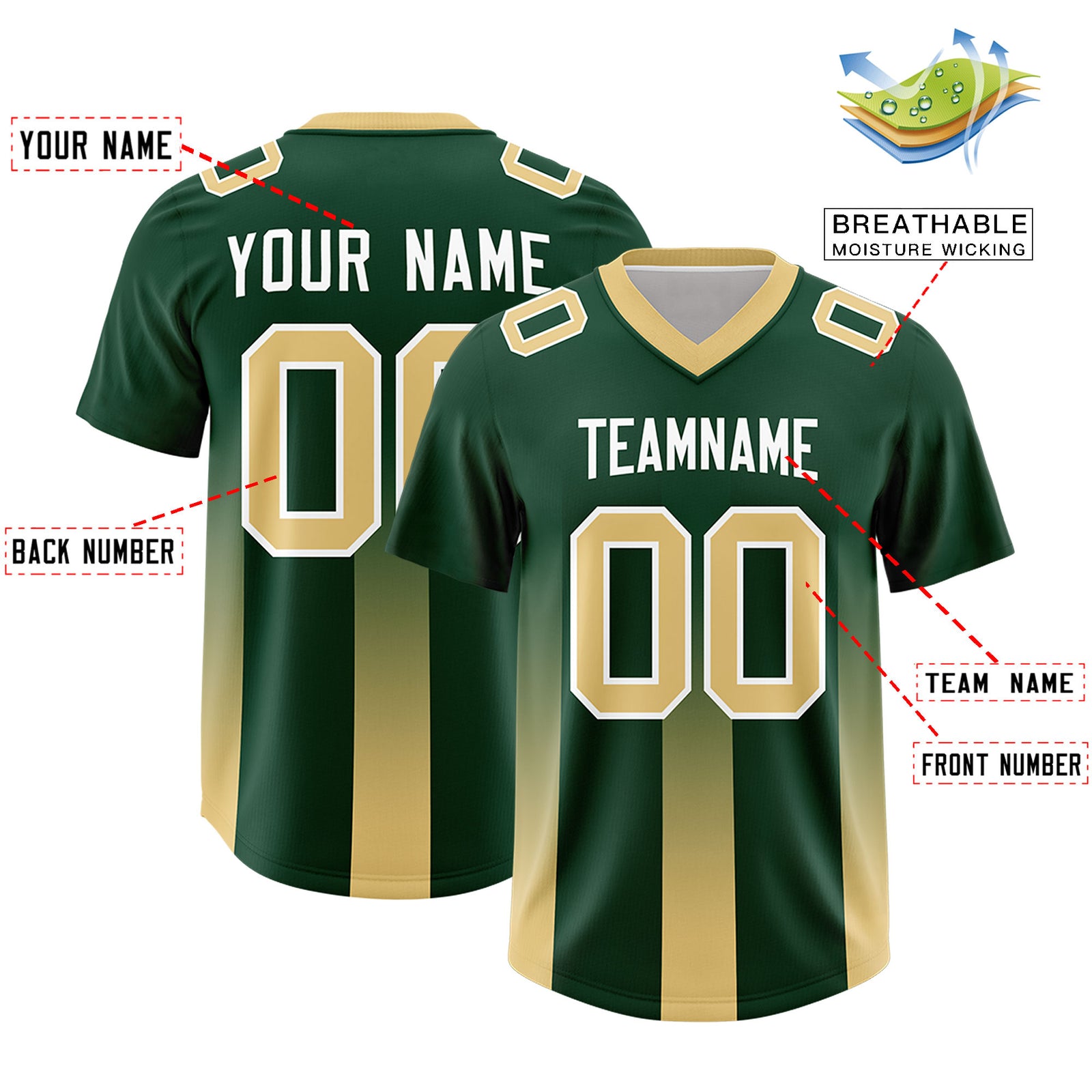 Custom Green Khaki Vertical Width Stripe Gradient Fashion Personalized Team Football Jersey