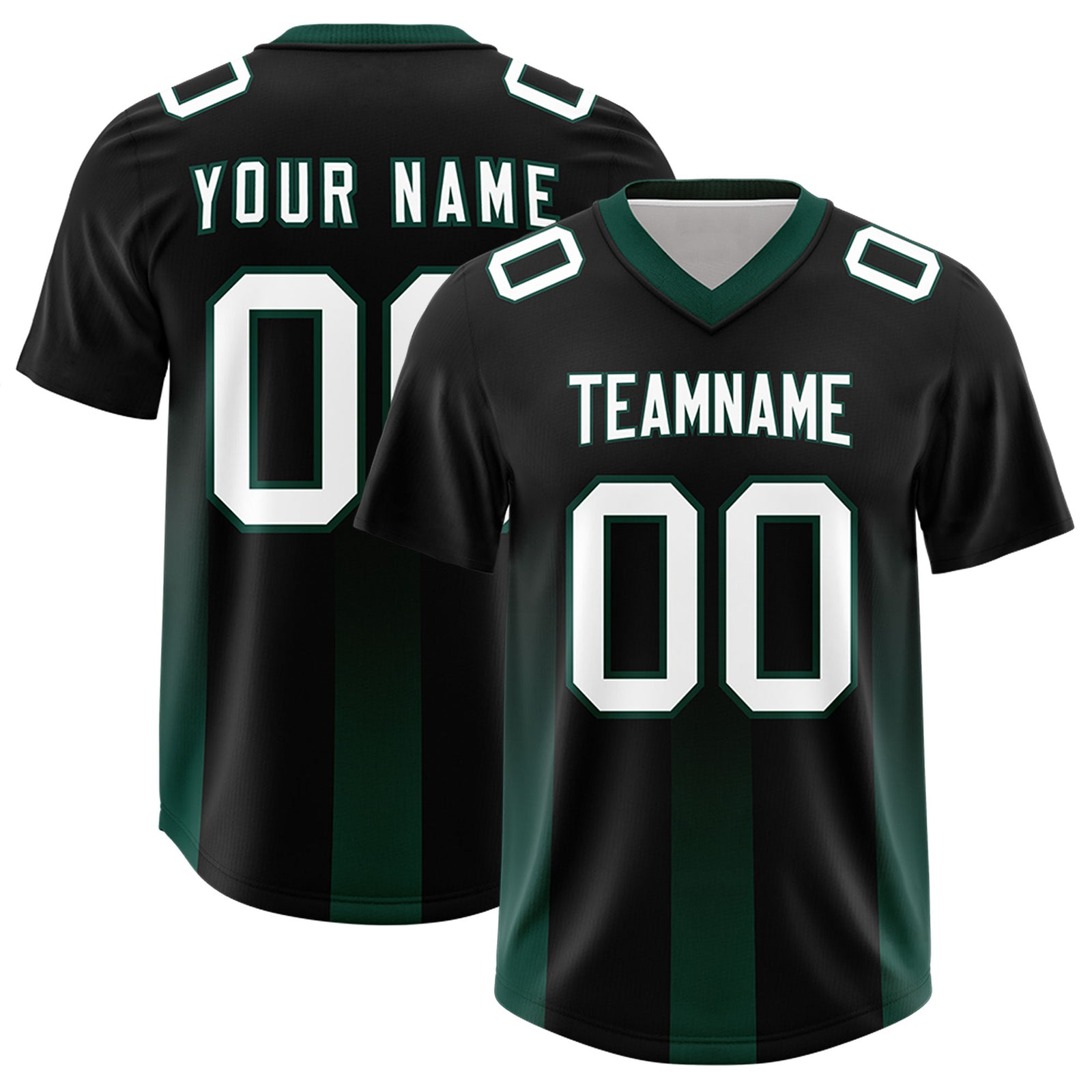 Custom Black Midnight Green Vertical Width Stripe Gradient Fashion Personalized Team Football Jersey