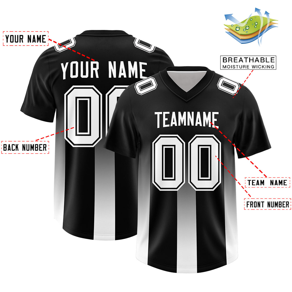 Custom Black White Vertical Width Stripe Gradient Fashion Personalized Team Football Jersey