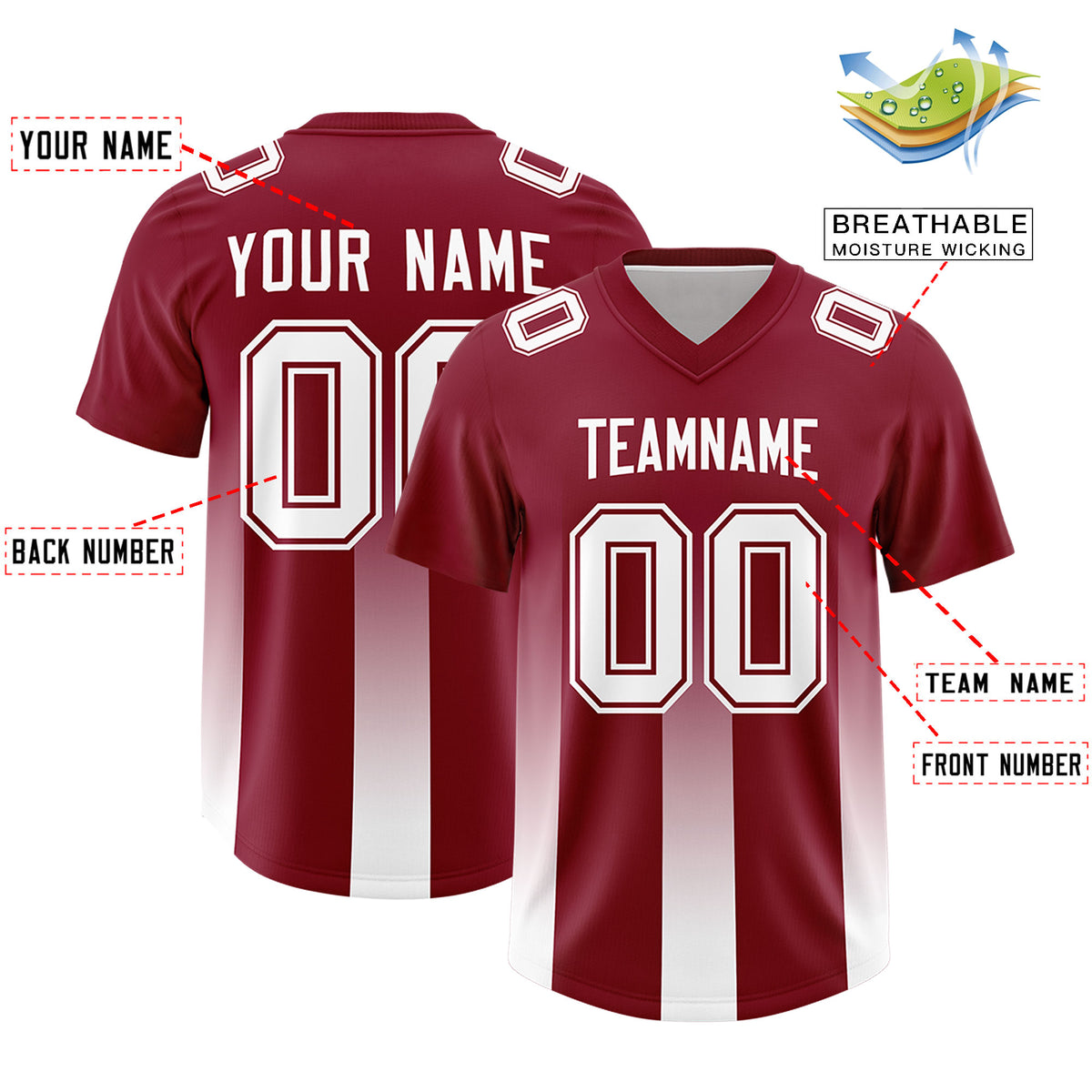 Custom Cardinal White Vertical Width Stripe Gradient Fashion Personalized Team Football Jersey
