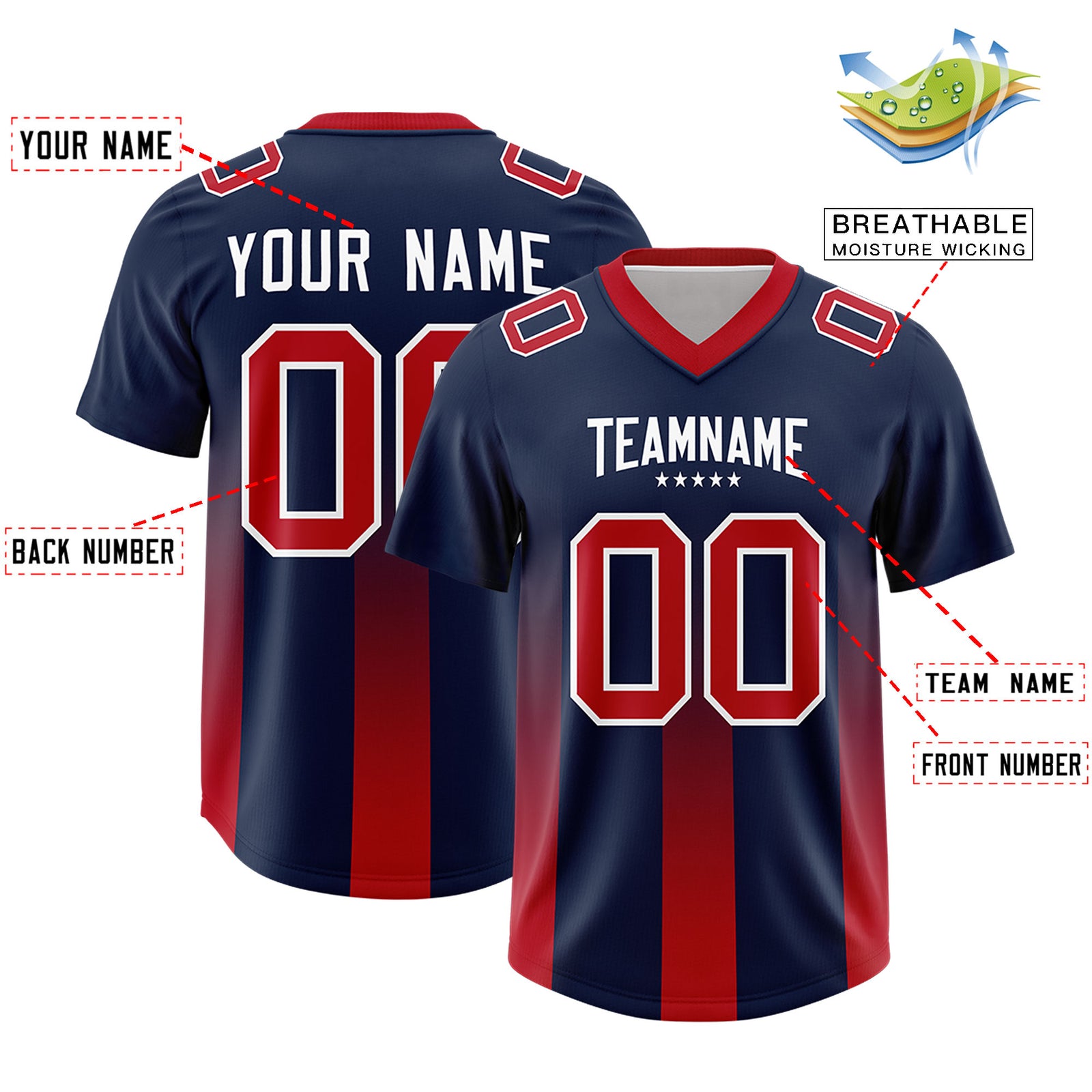 Custom Navy Red Vertical Width Stripe Gradient Fashion Personalized Team Football Jersey