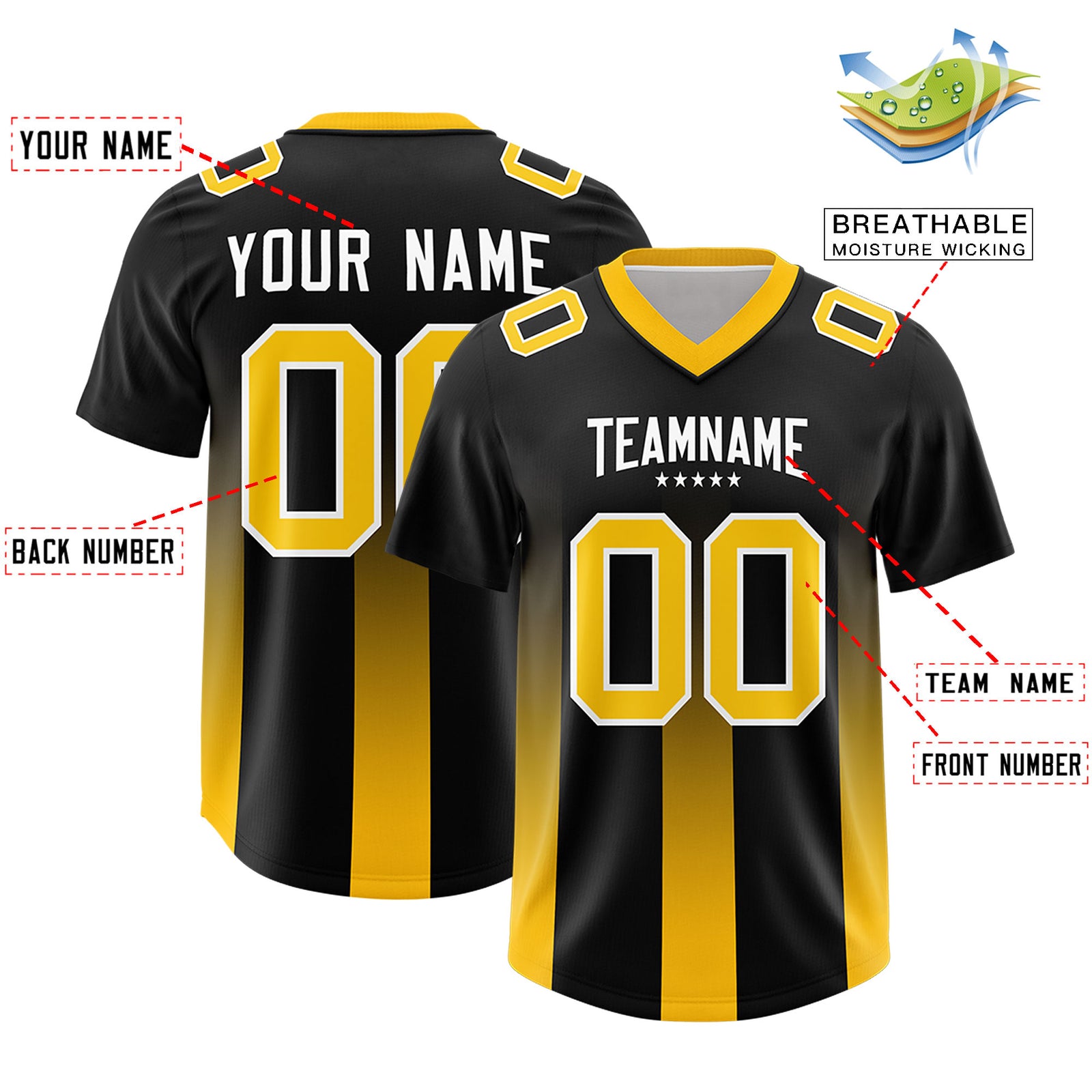 Custom Black Yellow Vertical Width Stripe Gradient Fashion Personalized Team Football Jersey