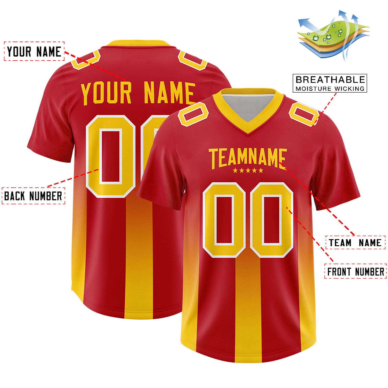 Custom Red Yellow Vertical Width Stripe Gradient Fashion Personalized Team Football Jersey
