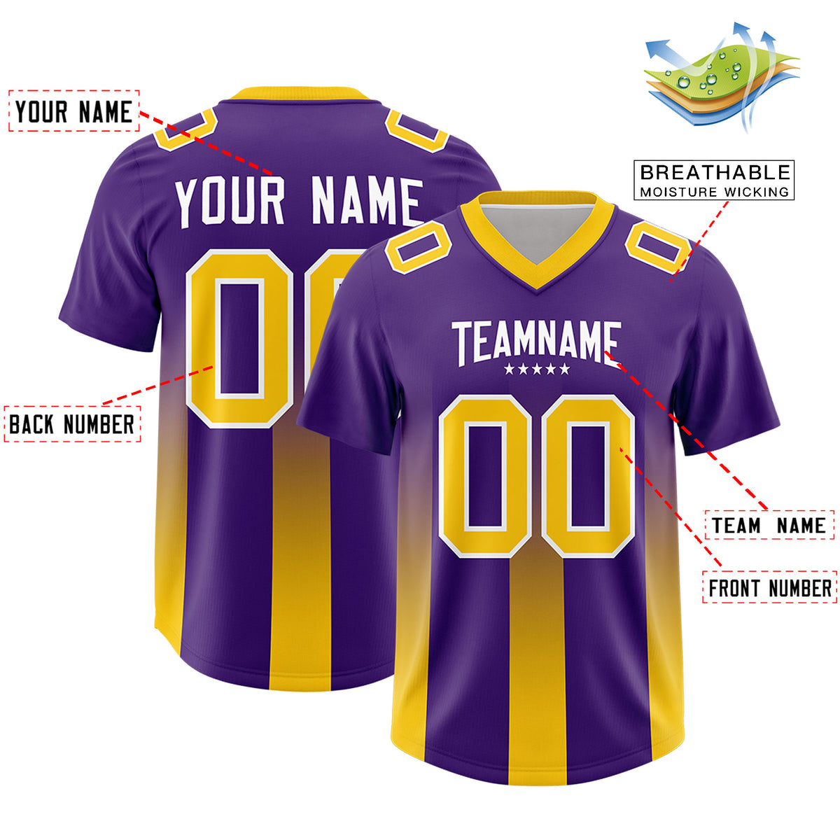 Custom Purple Yellow Vertical Width Stripe Gradient Fashion Personalized Team Football Jersey