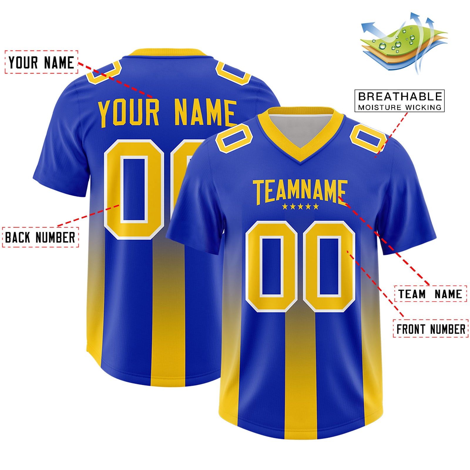 Custom Royal Yellow Vertical Width Stripe Gradient Fashion Personalized Team Football Jersey