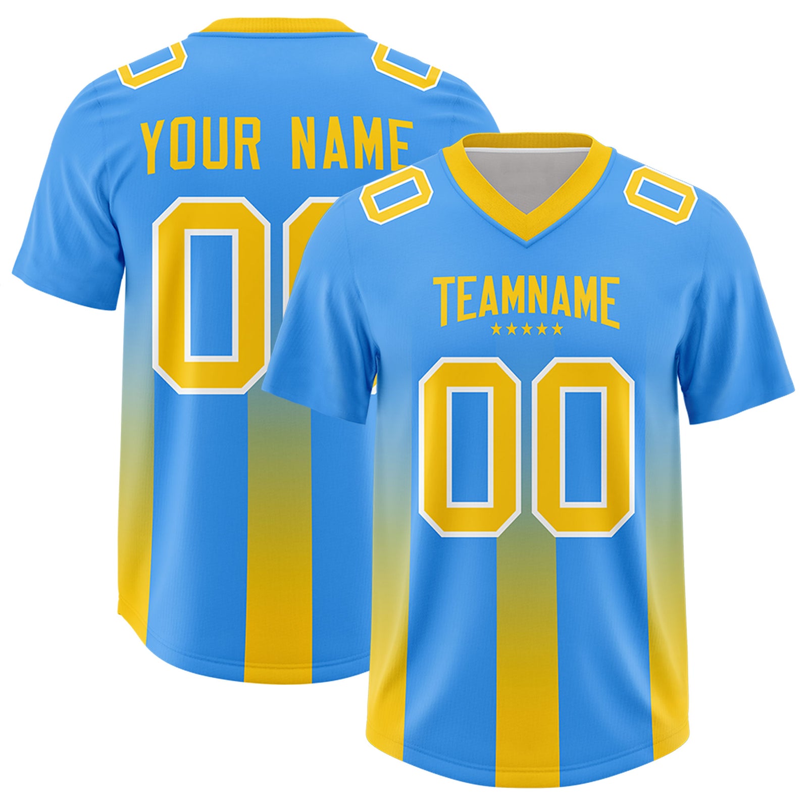 Custom Light Blue Yellow Vertical Width Stripe Gradient Fashion Personalized Team Football Jersey