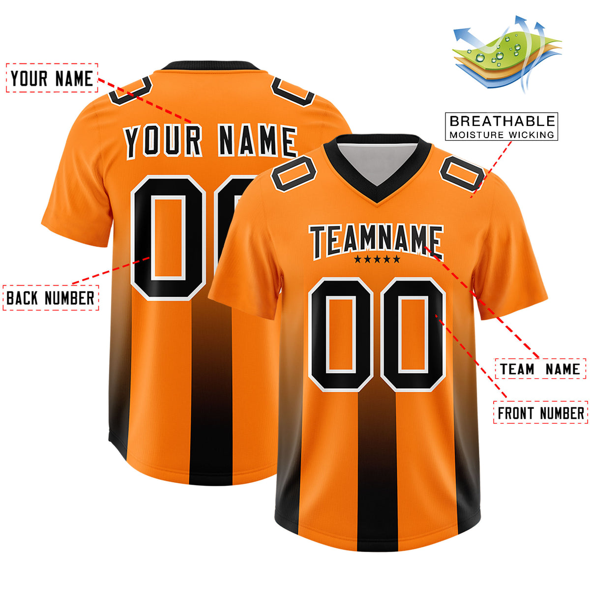 Custom Orange Black Vertical Width Stripe Gradient Fashion Personalized Team Football Jersey