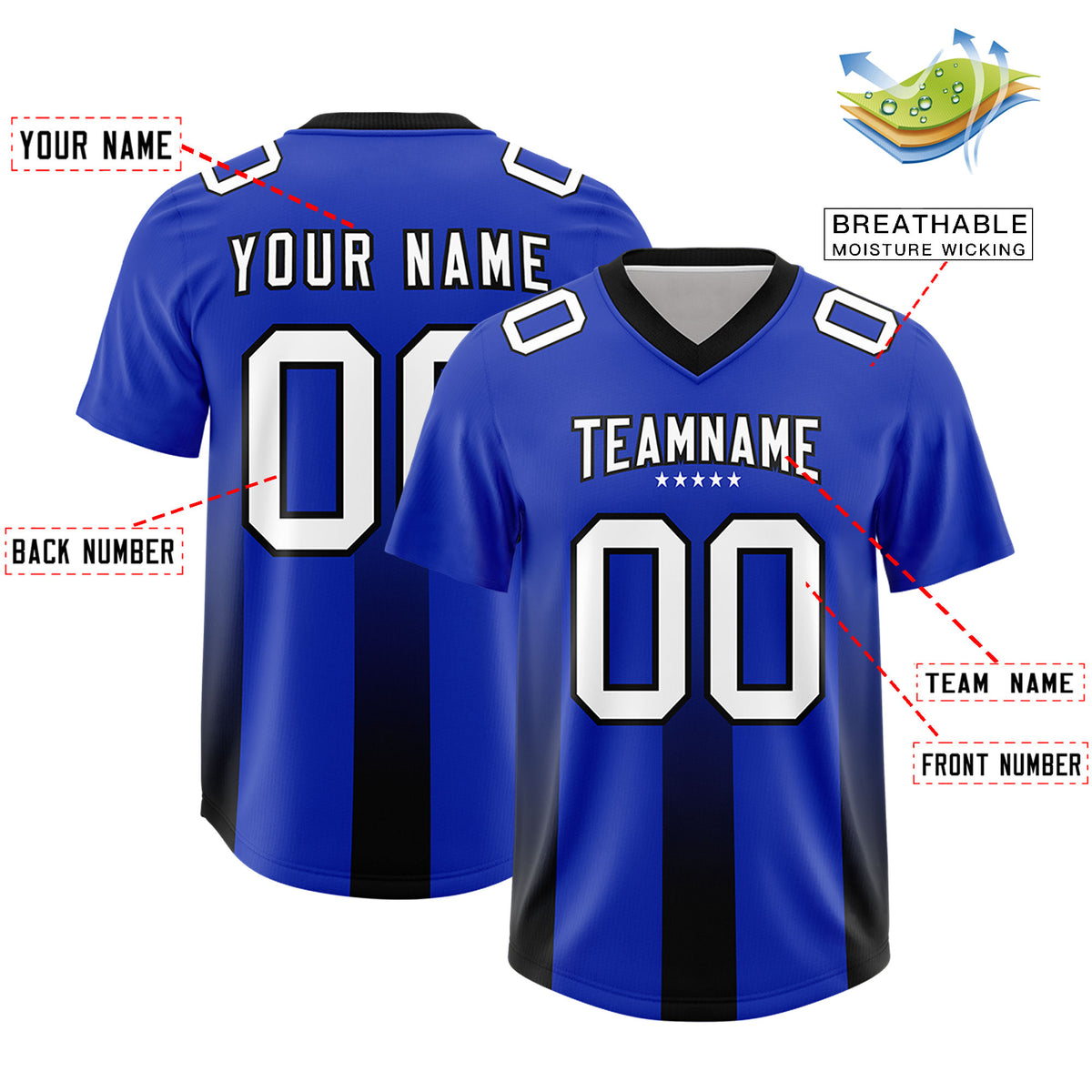Custom Royal Black Vertical Width Stripe Gradient Fashion Personalized Team Football Jersey