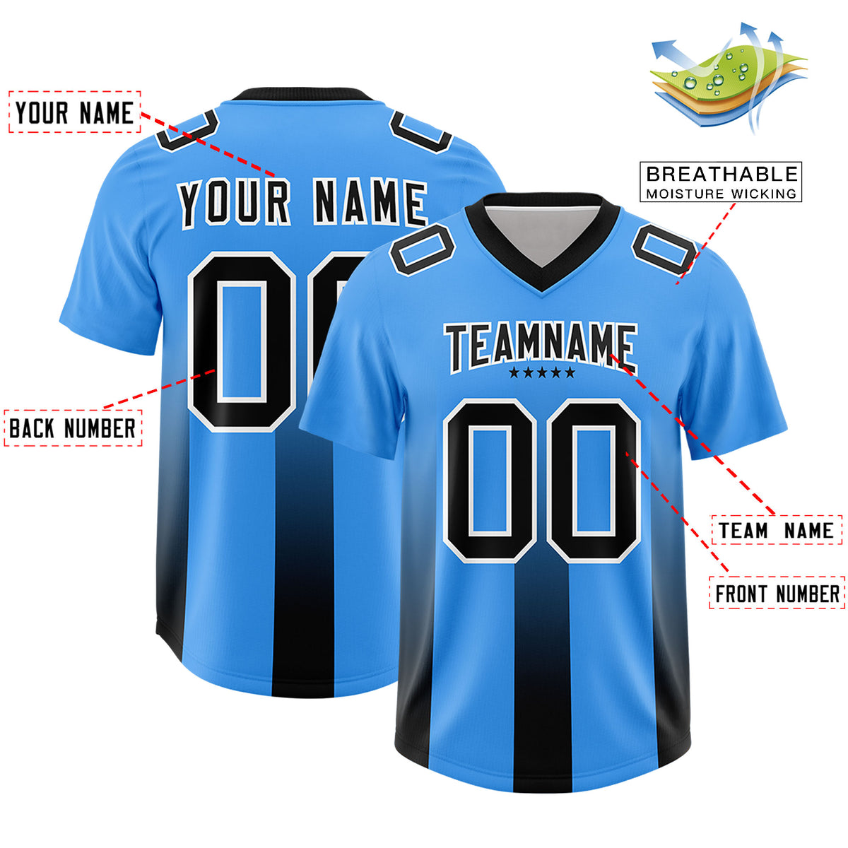 Custom Light Blue Black Vertical Width Stripe Gradient Fashion Personalized Team Football Jersey