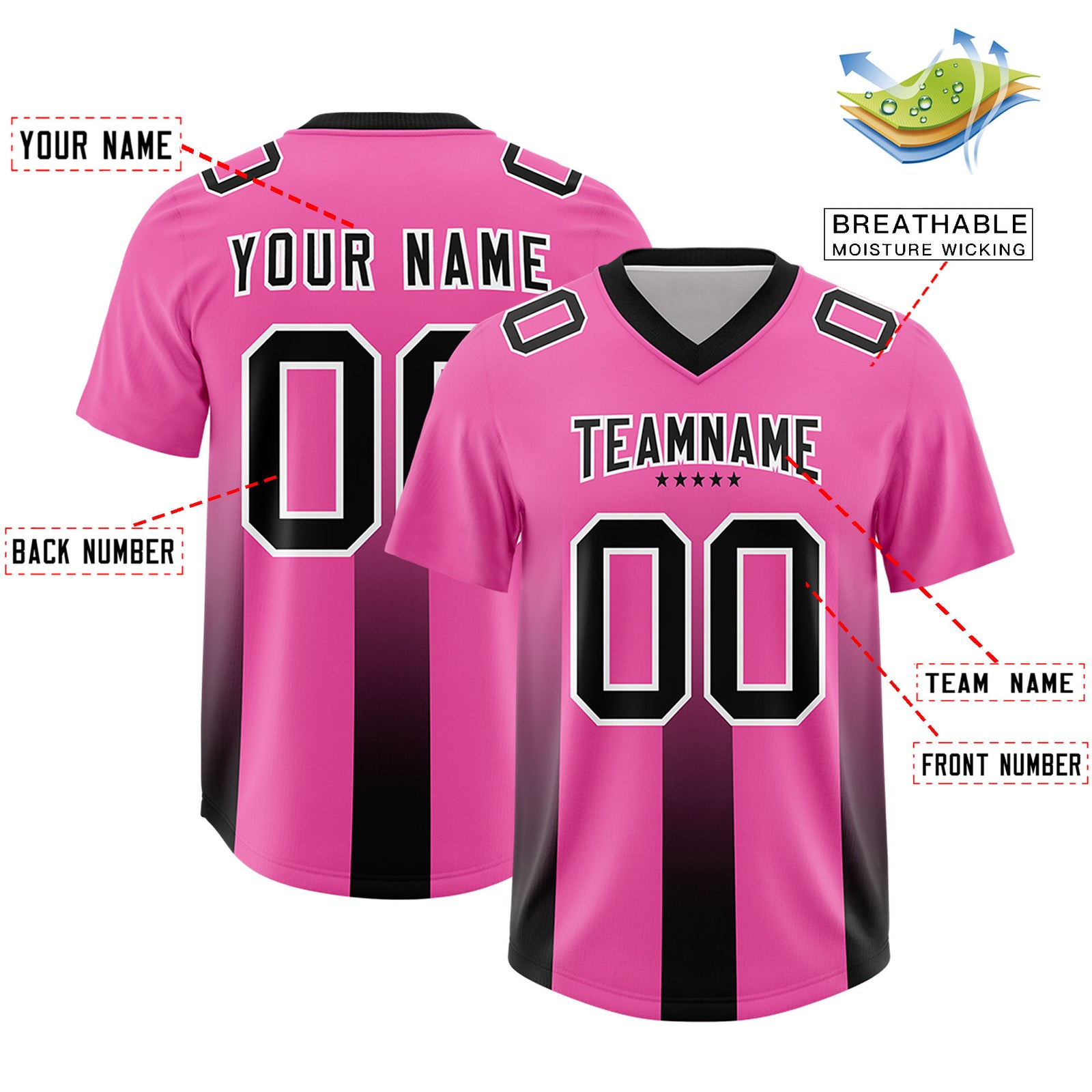 Custom Pink Black Vertical Width Stripe Gradient Fashion Personalized Team Football Jersey