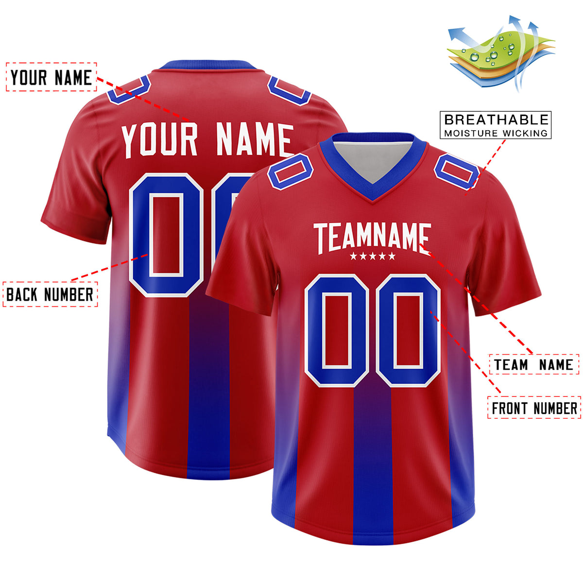 Custom Red Royal Vertical Width Stripe Gradient Fashion Personalized Team Football Jersey