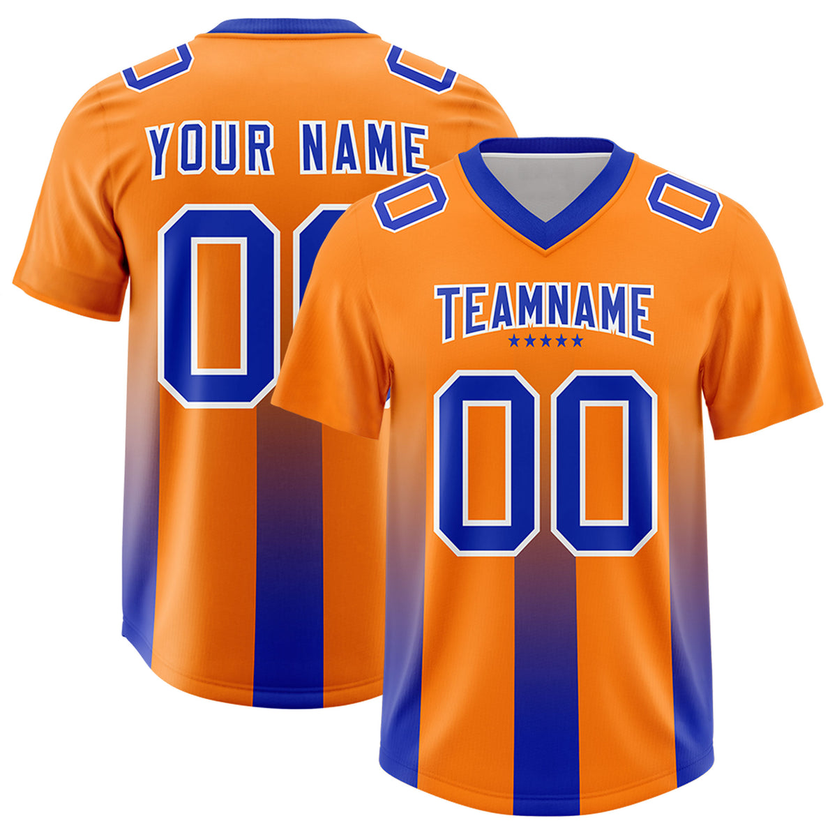 Custom Orange Royal Vertical Width Stripe Gradient Fashion Personalized Team Football Jersey
