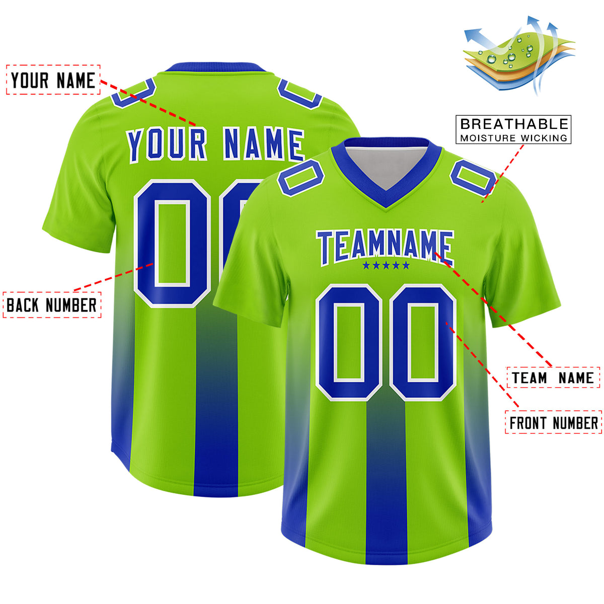 Custom Neon Green Royal Vertical Width Stripe Gradient Fashion Personalized Team Football Jersey