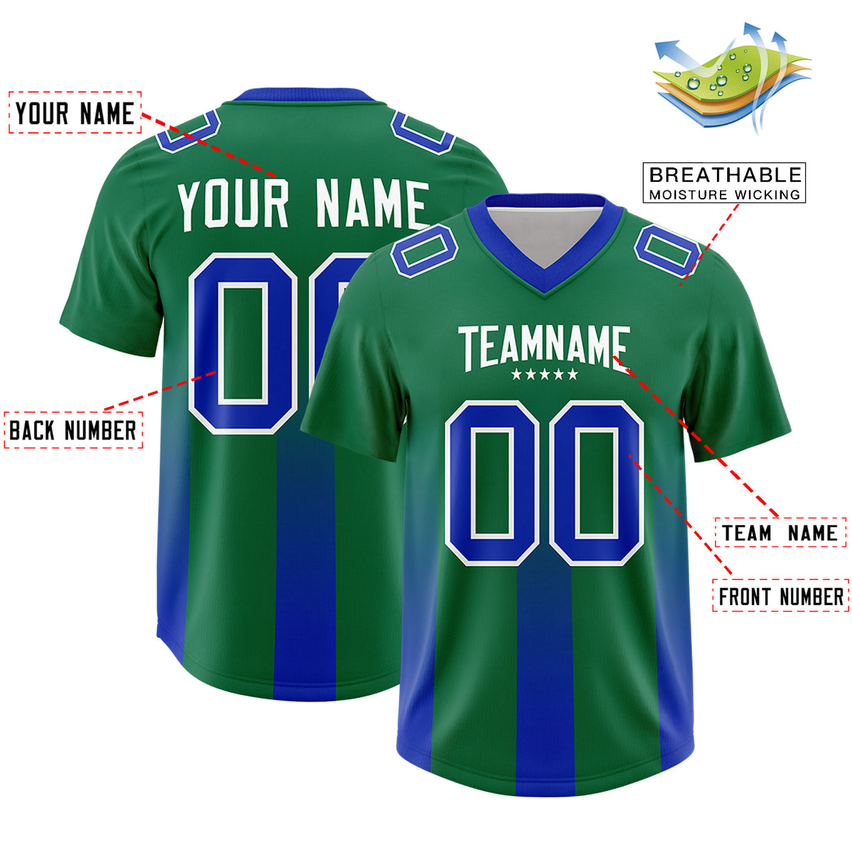 Custom Kelly Green Royal Vertical Width Stripe Gradient Fashion Personalized Team Football Jersey