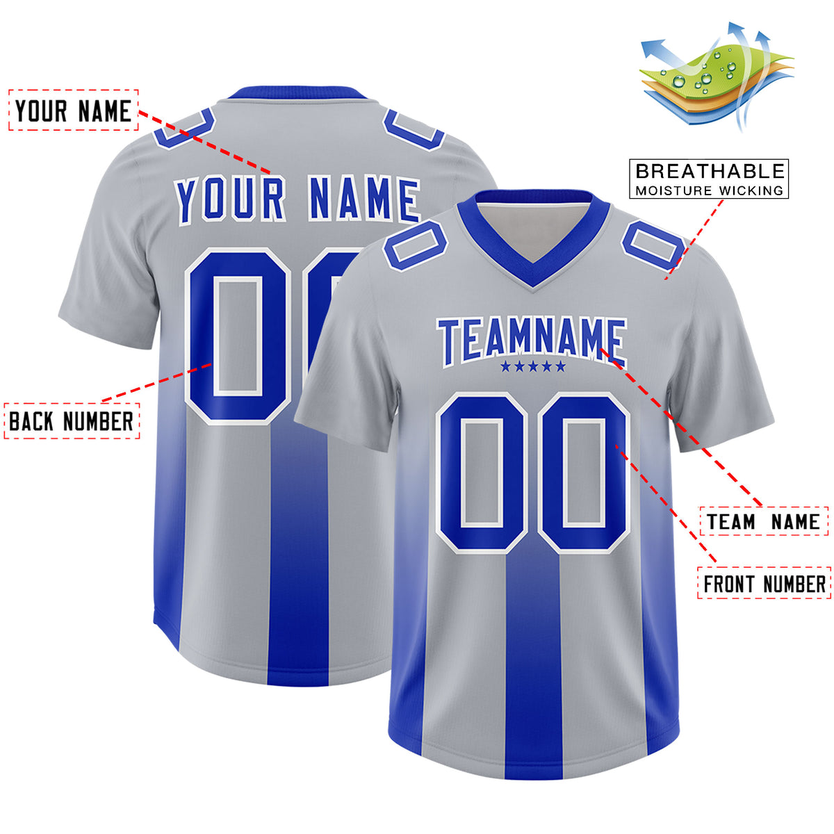 Custom Gray Royal Vertical Width Stripe Gradient Fashion Personalized Team Football Jersey