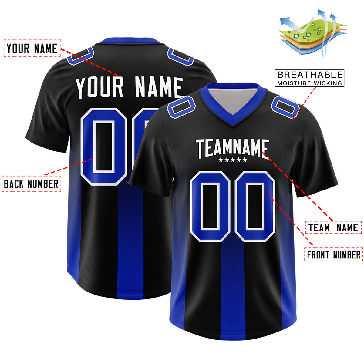 Custom Black Royal Vertical Width Stripe Gradient Fashion Personalized Team Football Jersey