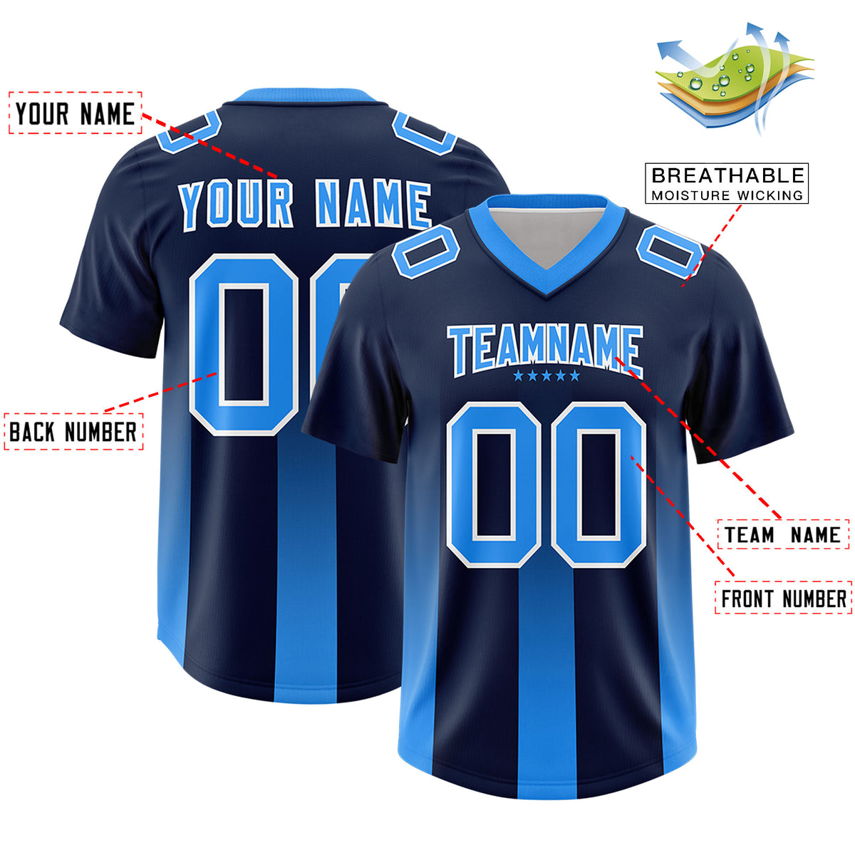 Custom Navy Light Blue Vertical Width Stripe Gradient Fashion Personalized Team Football Jersey