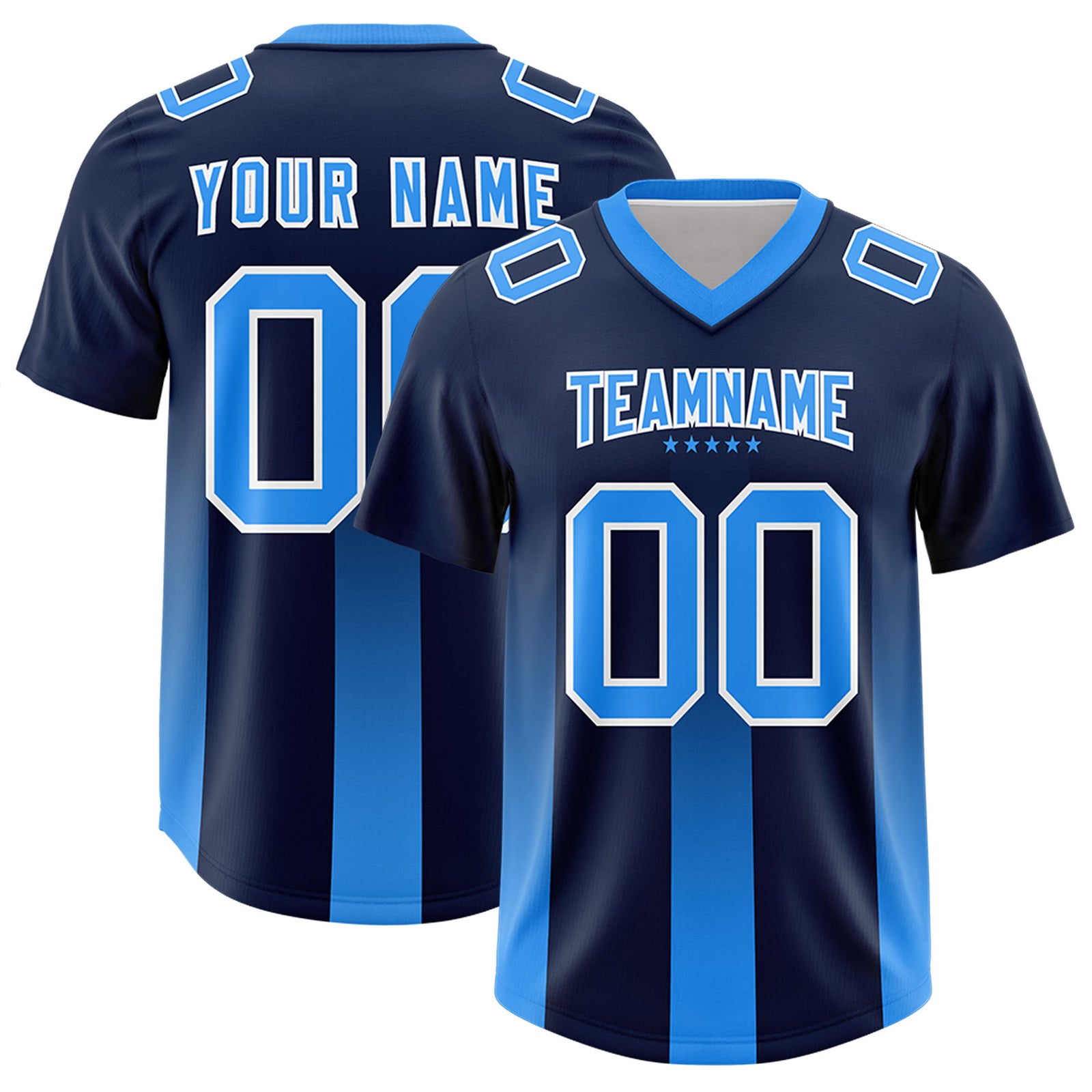 Custom Navy Light Blue Vertical Width Stripe Gradient Fashion Personalized Team Football Jersey